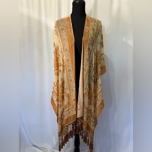 NWT Free People One Size Boho Floral Velvet Burnout Kimono in Golden Beige